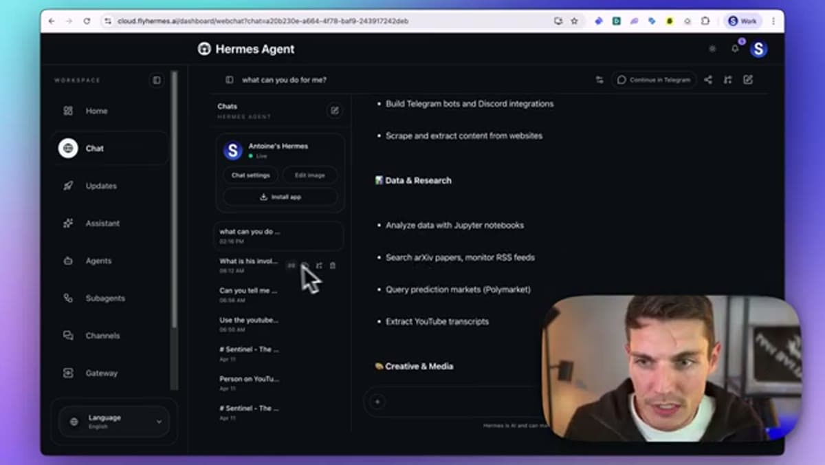 FlyHermes channel connection page showing web chat and Telegram setup options