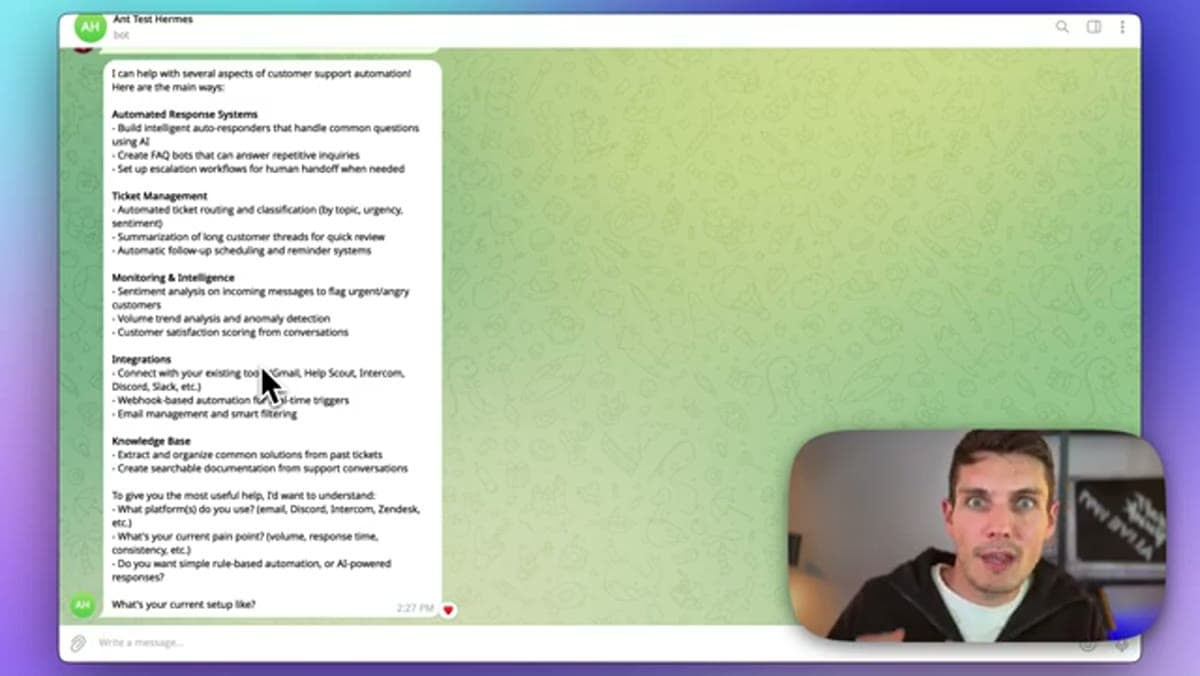 FlyHermes Telegram mobile agent example from the walkthrough video