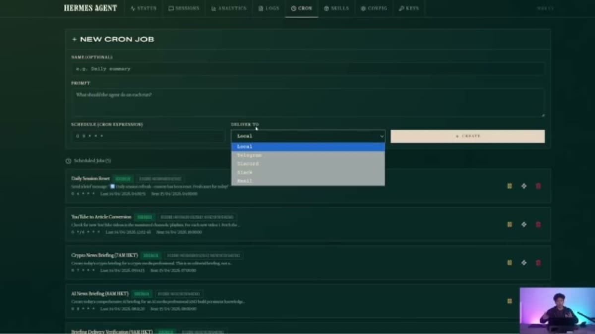 Hermes Agent Web UI cron jobs dashboard for creating scheduled agent tasks