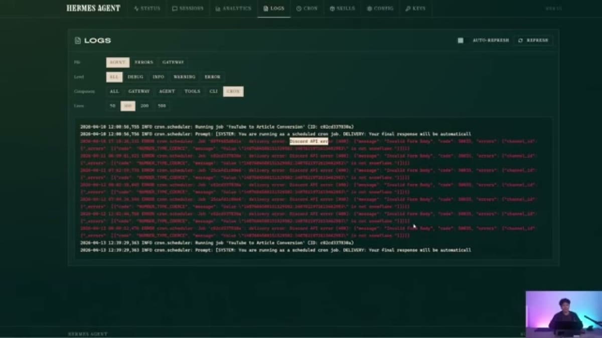 Hermes Agent Web UI logs dashboard showing cron and gateway error output