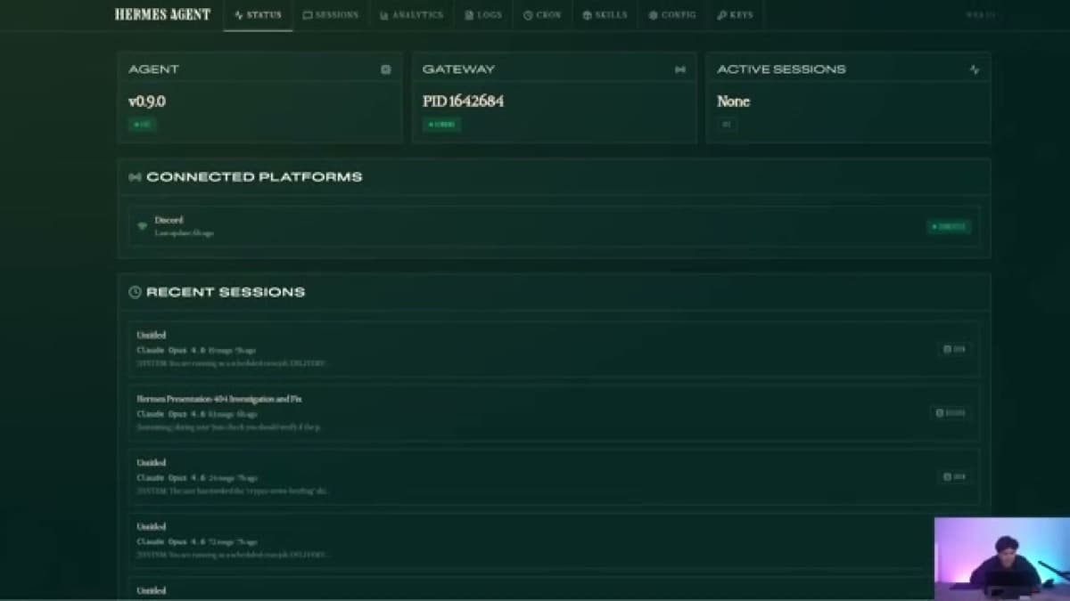 Hermes Agent Web UI sessions dashboard showing connected platforms and recent sessions